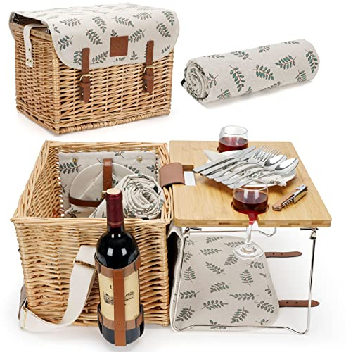 WILLOW WEAVE Picknickkorb mit Tisch, Picknickkorb-Set für 2, Weidenkorb mit Weinhalter, Picknickset aus Weidengeflecht mit Decke & Premium-Geschirr für Outdoor, Hochzeit, Jubiläum, Geburtstagsgeschenk