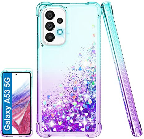 Kompatibel Mit Samsung A53 5G Hülle, Stoßfestigkeit Transparent Flüssigkeit Glitzer Galaxy A53 5G, Blaugrün/Lila