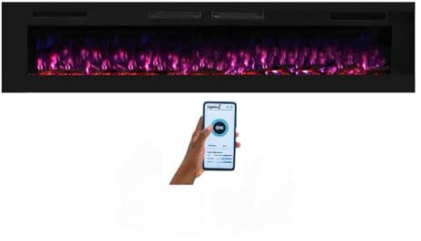 Mystflame Crystal 72 - Chimenea Eléctrica de Pared con Wi-Fi, 183 cm, Ultra Delgada 8 cm, 12 Colores de Llama, Termostato 750/1500W, Estufa de Calefacción Confortable, Pantalla Táctil y Temporizador