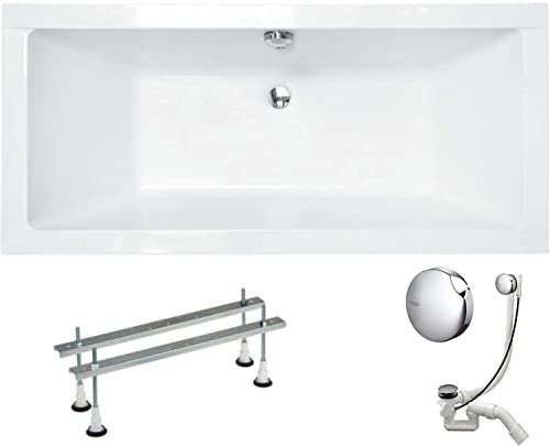 VBChome Acryl Badewanne 165x75 cm Weiß Rechteck Wanne Siphon Wannenfüße Design Modern Ablaufgarnitur in Chrom (165x75 cm)