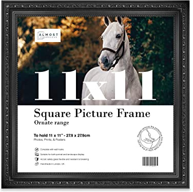 Almost Frameless 11x11 Black Ornate Picture Frame 11x11(27.9x27.9cm) Poster, Photo, Artwork, or Print. Baroque Style Portrait and Landscape Display with Wall Hooks