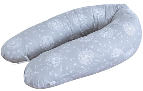 Stillkissen M/L - 170 cm mit abnehmbarem Bezug aus 100% Baumwolle - Schwangerschaftskissen, Seitenschläferkissen & Lagerungskissen mit leiser FillBall-Füllung, in Europa gefertigt (Pustelblume Grau)