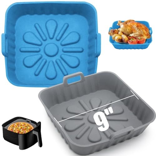 REY&SHAW 2-Pack 8.5inch Square Silicone Air Fryer Liners for 6QT to 9QT Reusable Large Air Fryer Insert Silicone Air Fryer Cover Easy Cleaning for Oven Accessories(Blue+Grey)