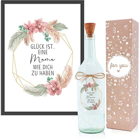 OWLBOOK Glück ist Mama Boho Geschenkset Flaschenlicht und Bild Geschenke für Mama Muttertagsgeschenke Geburtstagsgeschenk Weihnachtsgeschenke für Mama Geschenk Geburtstag Muttertag Weihnachten Deko