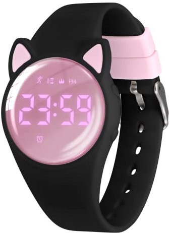 Reloj de pulsera digital con podómetro, vibración, alarma, distancia, cronómetro y ejercicio, resistente al agua, recargable, para actividades al aire libre, para niños y niños, 48-dj-negro-rosa-y