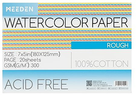 MEEDEN Aquarellpapierblock, 100% Baumwolle, Aquarellpapierblock mit 20 Blatt, 300gsm, säurefreies Kunstpapier für Aquarell, Gouache, Tinte und mehr, 12,7 x 17,8 cm, grobe Körnung