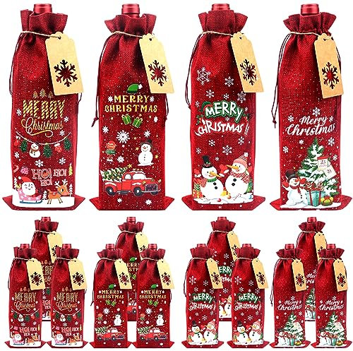 Ywediim 16 PCS Sacs à Vin en Toile de Jute Sacs Cadeaux de Vin Noël - Couvertures de Bouteille de Vin de Noël Réutilisables pour Noël, Anniversaire, Fête de Vacances, Décorations de Table