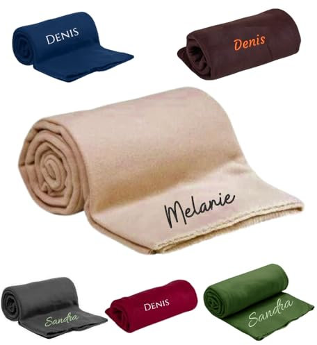 Personalisierte Kuscheldecke Bestickt mit Namen oder Wunschtext bestickt, 200 cm x 160 cm, Wohndecke Personalisieren mit Stickerei, weiche und kuschelige Sofadecke, hochwertiges Fleece (Beige)