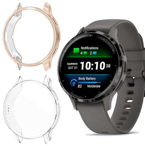 Niboow Hülle [2-Stück] Kompatibel mit Garmin Venu 3S, mit Kratzfest Displayschutzfolie, Soft TPU Stoßfestes Schutzhülle Kompatibel mit Garmin Venu 3S - Roségold + Transparent