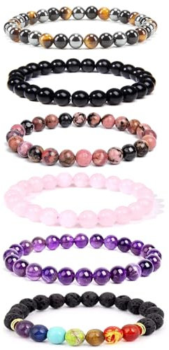 Epoch World 6 Stücke 8mm Perlenarmband Natürliche Edelstein Armbänder Damen Herren Armbänder Perlen Armband Set Lava Stein Armbänder Stretch Armbänder Paare Armband Unisex Armbänder für Damen Herren