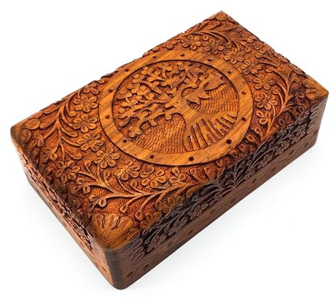 Handgefertigte Holz Box Schatulle mit Lebensbaum für Schmuck Aufbewahrung | Familie Spiritualität Lifestyle Indien