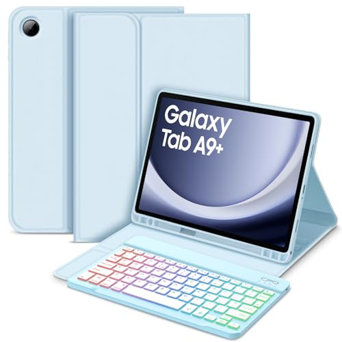 Bettdow for Samsung Galaxy Tab A9+/A9 PLUS 2023 Keyboard Case, UK Layout Detachable Wireless Backlit Keyboard, Case with Pencil Holder for Galaxy Tab A9 PLUS 11 Inch 2023 (SM-X210/X215/X216), Blue