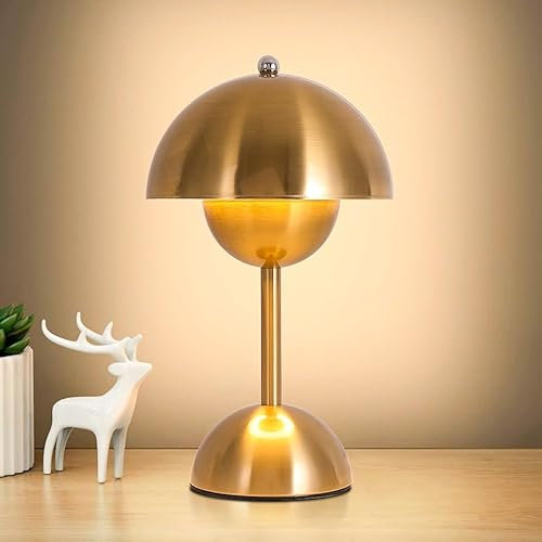 ELINKUME Pilz Dimmen Tischlampe,LED Nachttischlampe mit 4W G45 Birne,Schnurgebundene Tischleuchte,Goldene Schreibtischlampe mit Metall Lampenschirm für Zuhause,Ofiice, Schlafzimmer,Arbeitszimmer