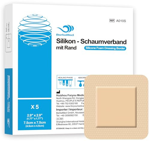 BerkeMed Silikonschaumverband, wasserdichter Wundverband, Verbandgröße 7.5 cm x 7.5cm (4.5 cm x 4.5 cm Wundkissen), für leicht exsudierende Wunden, Dekubitus, Verbrennungen, Blasen, 5 Stück