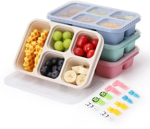 AIEVE 4 Pack Snack Box with Compartments, Bento Lunch Box for Kids and Adults, Divided Food Storage Container with 10 Animal Forks for Work School Picnic Travel