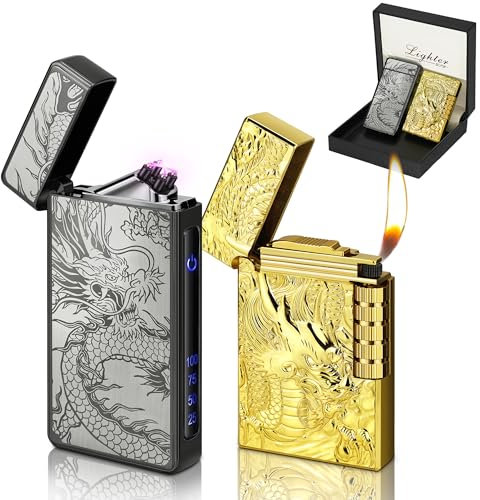 Lafagiet 2 Stücke Drachen Feuerzeuge, Elektrisch Feuerzeug + Weiche Flamme Metall Feuerzeug, USB C Recharge & Butangas Nachfüllen, Multipack Feuerzeuge für Geschenk, Männer (NO Gas)