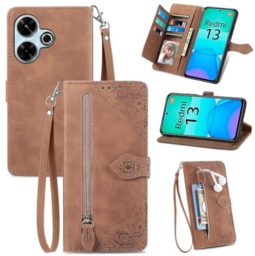 Fertuo Hülle für Xiaomi Redmi 13 / Poco M6 4G, PU Leder Handyhülle klappbar Flip Case Tasche mit Kartenfach, Magnet, Ständer und Handschlaufe [Blumen Muster] Schutzhülle Stoßfest für Redmi 13, Braun