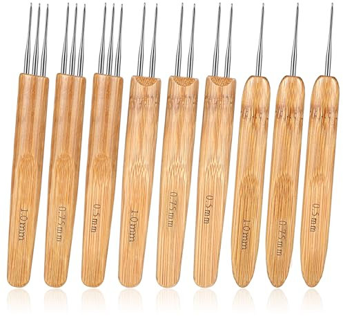 Andibro 9 Stück Dreadlock Häkelnadel Werkzeug, Nadel Weben Häkeln Ergonomische Häkelnadel Set mit Bambusgriffen Häkeln mit drei verschiedenen Köpfen für Haarhäkelnadel DIY Braid Craft 0.5/0.75/1 mm