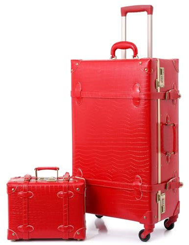 Urecity Koffer Vintage mit 4 Rollen Trolley Koffer Reisekoffer Leicht Retro Hartschalen Koffer 2-Teilig mit 12 Zoll Kleines Köfferchen (Rot, S(12)+L(26))