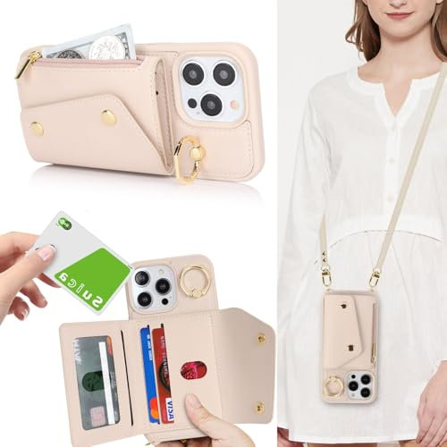 Zouzt for iPhone 15 Pro Max Case with Card Holder and Strap, Card Slots Zipper Wallet Phone Case PU Leather Crossbody Lanyard Drop Protection Cover for iPhone 15 Pro Max 6.7 inch - Beige