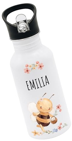 Bärenfreunde Personalisierte Trinkflasche, Edelstahl Wasserflasche, 500ml | Thermosflasche, Metallflasche mit Gravur, Thermoskanne mit Namen, Strohhalm, plastikfrei, Grundschule