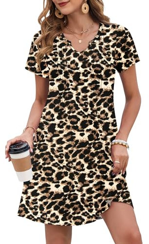 PLOKNRD Damen Sommerkleid 2025 Elegant Plissiert Freizeitkleid Gekerbter V-Ausschnitt T-Shirt Kleid Knielang mit Taschen(Leopard,M