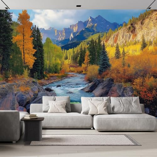 ANALTIRCE Wandbild Tapete Blaue Berge Tapeten 350× 256 cm Foto Tapete Schlafzimmer Wohnzimmer，Moderne Herbstwald Fluss Bildtapete 3d Effekt Wandtapete