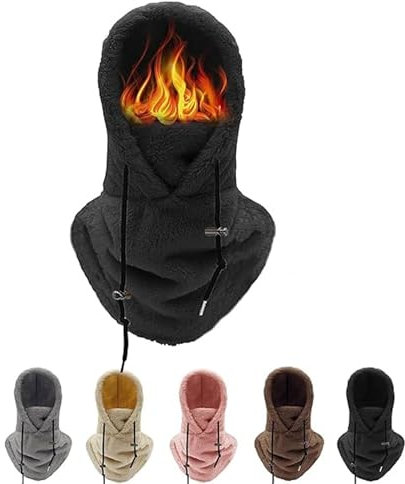 Sherpa Hood Ski Mask, Thermal Sherpa Fleece Hood, Windproof Adjustable Warm Balaclava Ski Mask, Winter Drawstring Integrated Ear Protection Hats Scarf for Outdoor Cycling, Skiing Sports (Black)
