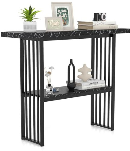 COSTWAY 2-Tier Console Table, Modern Faux Marble Narrow Hall Desk Sofa Side Table, 120cm Long Slim Display Accent Table for Entryway, Living Room, Bedroom and Foyer (Black)