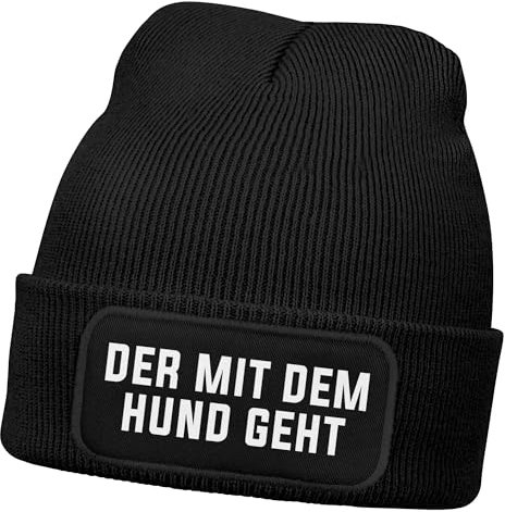 MoonWorks® Herren Beanie Strickmütze mit Patch Spruch Der mit dem Hund geht Aufdruck Lustig Mütze Männer Schwarz Unisize