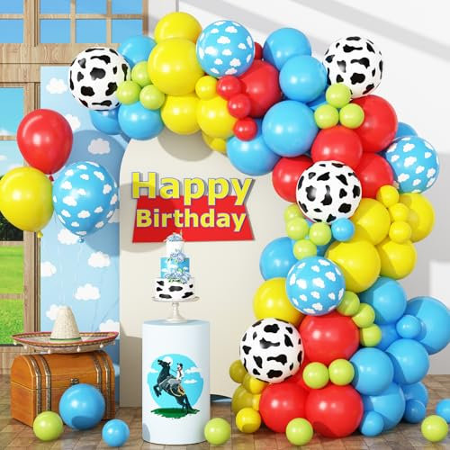 HILAVO Red Yellow Blue Balloons Arch Kit Red Blue Green Yellow Latex Balloon Garland with Cow Print Party Balloons for Birthday Party Farm Themed Party Decorations