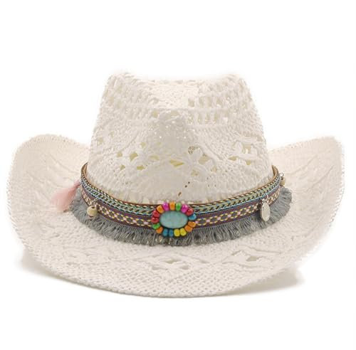 Cazqgoy Cowboy Hat Western Cowgirl Hats for Women Men Straw Hat Western Hat Brazilian Bohemian Panama Hats Summer Hat Sun Hat Beach Hat (Weiß)