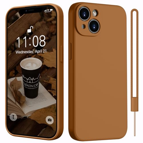 Kukiwhy Hülle für iPhone 14 Silikon mit 1 Lanyard,Microfiber-Innenfutter Dünn Hanyhülle für iPhone 14 5G Case Rundumschutz Kameraschutz stoßfeste Kratzfest Schutzhülle für iPhone 14 6.1'' Brown