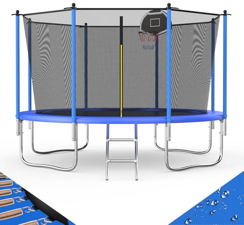 Trampolin Outdoor, Rundes Gartentrampolin für Kinder mit Netz, Leiter, Basketballkorb, Verstärktes Belastbarkeit 200-270kg Kürbis-Design Anti-Rust Frame (Blau, 305cm)