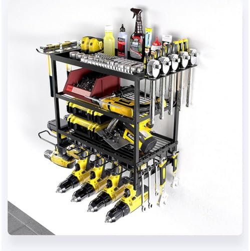 Aptliton Power Tool Storage Wall Mounted Rack, 4 Layer Power Drill Tool Holder for 4 Power Drill Tools, Heavy Duty Tool Shelf with Side Screwdriver Rack and Hooks for Garage, Workshop