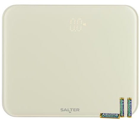 Salter Halo Electronic Bathroom Scale 180 Kg Hidden LED Display | Toughened Glass Platform, Kg/St/Lb Unit Switch, Carpet Feet For Hard Floors Or Carpet, Cream Finish, Step-On Activation