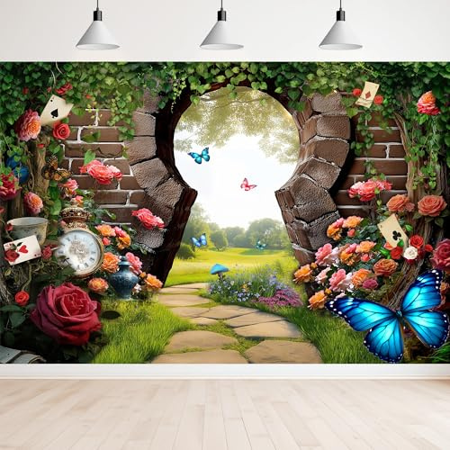 Wonderland Enchanted Tea Party Kids Fairy Tale Grass Photography Backdrop | 8Wx6H Flower Brick polyester photo backdrop, clear print, folded for storage and easy party setup