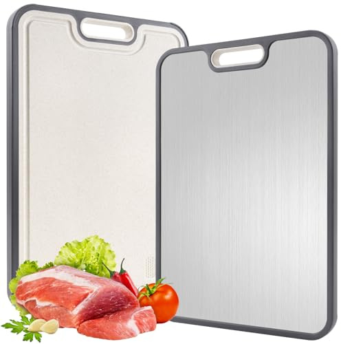 Tagliere in titanio per cucina, doppio lato per uso alimentare, puro titanio e paglia di grano, tagliere per carne/verdure, facile da pulire, di grandi dimensioni, 40,6 x 27,9 cm