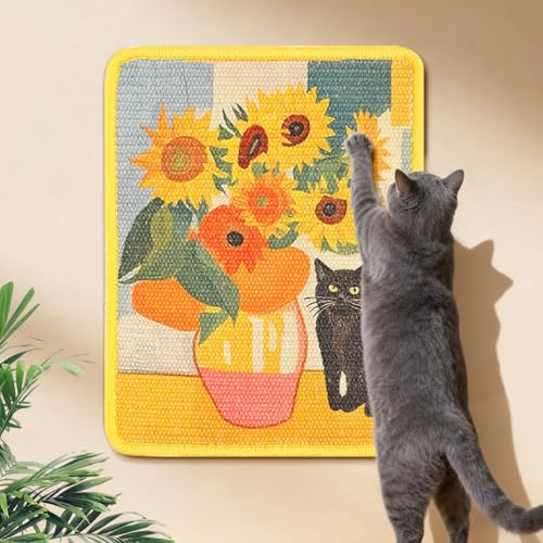 Kratzbretter Katze Sonnenblume und Katze Design | Sisal Teppich Katzenkratzbretter, 38x30cm, rutschfeste Kratzbrett für Sofa, Möbel und Wände, Schützt vor Kratzern (Bunt)