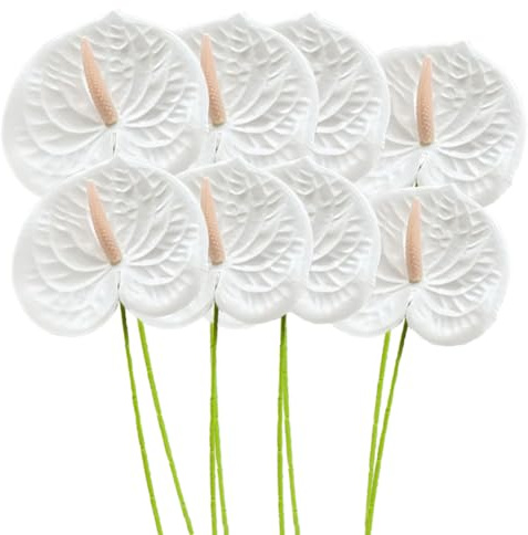 KABAKE 8 Stück 24 Zoll künstliche Anthurium Lilie Blumen dauerhafte gefälschte Blume für Home Tisch Mittelstücke Arrangement Strauß und grünes Blatt für Hochzeitsfest Party (Weiß)