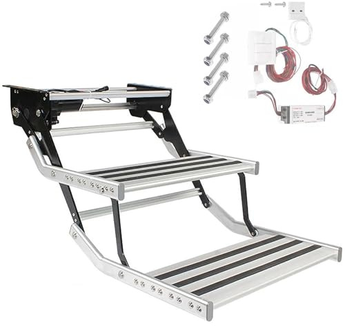 Generisch Elektrische Trittstufe Wohnmobil, Manuelle Wohnmobil Stufen, mit Licht, 150 kg Tragkraft, Mit rutschfestem Gummi, 2 Stufe Camper Trittstufe, EIN-Knopf-Schalter(Automatisch,Double Layer)