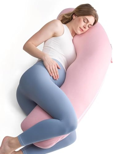 Momcozy J-förmiges Seitenschläferkissen,Schwangerschaftskissen Rosa | gestrickter Baumwollbezug, OEKO-TEX, abnehmbar & waschbar, 119,38x43,18cm,vielseitiges Körperkissen,maschinenwaschbar