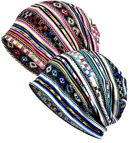 WELROG Chemo Hut Frau Hut Spitzen Kopftuch Super Weich Slouchy Turban Kopfbedeckungen Kopf Wraps(Blue/Pink Geometry)