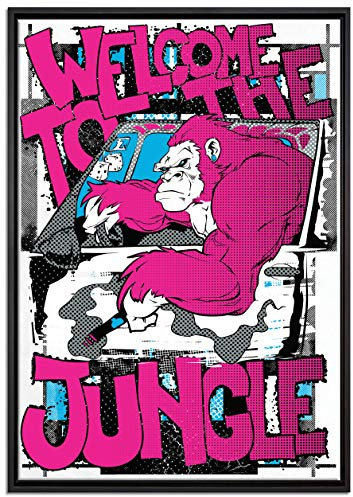 Pixxprint Welcome to The Jungle White Leinwandbild 100x70 cm im Bilderahmen, Wandbild, Schattenfugenrahmen, Kein Poster