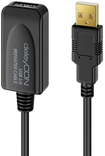 deleyCON 5m Prolongación Activo USB 2.0 con Intensificador de Señal - Cable de Repetidor para PC, Ordenador, Impresora, Escáner - Negro