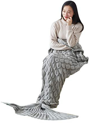 PengGengA Meerjungfrau Decke, Handgemachte Meerjungfrau Strickmuster Schlafsack, Personalisierte Handgemacht Gestrickt Warmes Sofa Decke Damen Mädchen Geburtstagsgeschenk (Grau, 195 * 90CM)