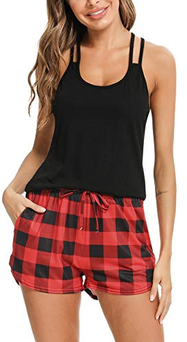 iClosam Ensemble Pyjama Femme Coton Débardeur Réglable et Short à Carreaux