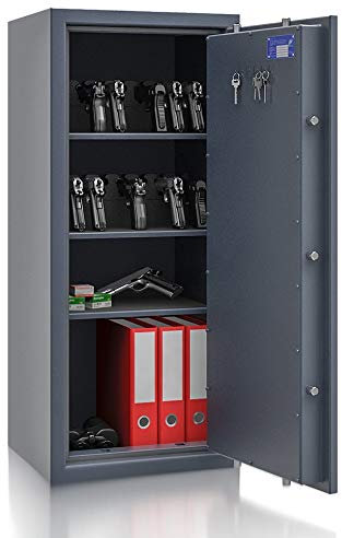 Secureo Kurzwaffentresor Grad 1 EN 1143-1 Osprey 7 | H1150xB500xT420 | Doppelbartschloss mit 3 Schlüssel | ECB-S Zertifiziert | inkl. Waffenhalter für 8 Kurzwaffen | 3 Fachböden | 148 kg