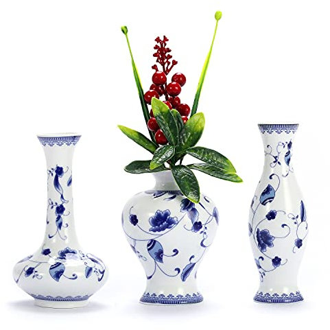 LoveCat Lot de 3 vases en céramique chinoise, petits vases en porcelaine bleue et blanche, vases à fleurs classiques en céramique pour table de maison, bibliothèque, placard