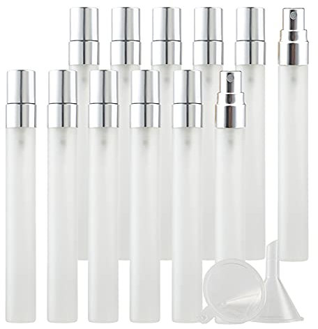 BasicPacking 48 Pieza Mate Transparente Portatil de Perfume Bote de Spray Viaje Pulverizador con Sprayer de Plata, Recargable 10 ml Vidrio Botella de Spray Atomizador de Perfume Viaje + 4 x Embudo